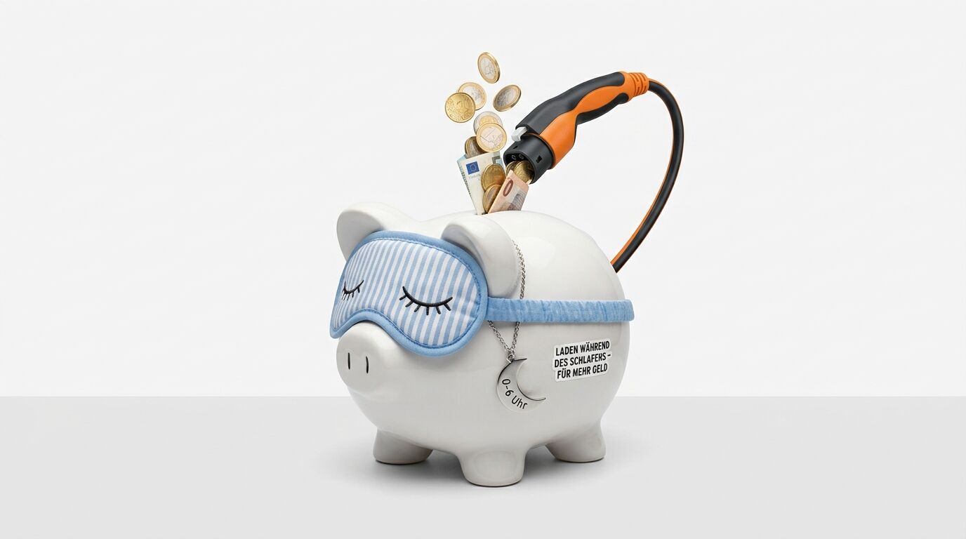 Sparschwein mit Schlafmaske, Ladekabel und fallendem Geld symbolisiert günstiges nächtliches Laden