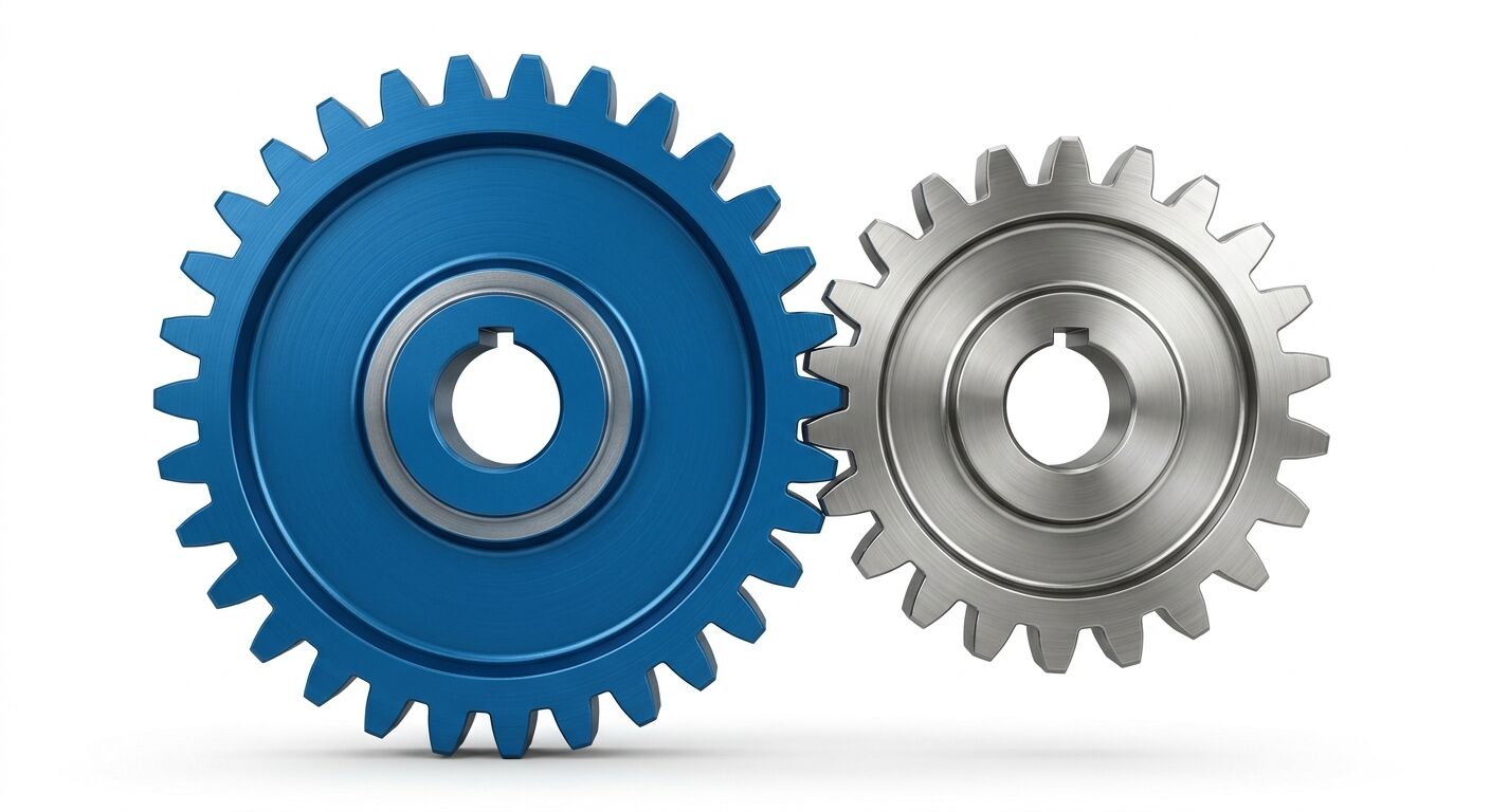Zwei ineinandergreifende Zahnräder, links ein größeres blaues, rechts ein kleineres silbernes