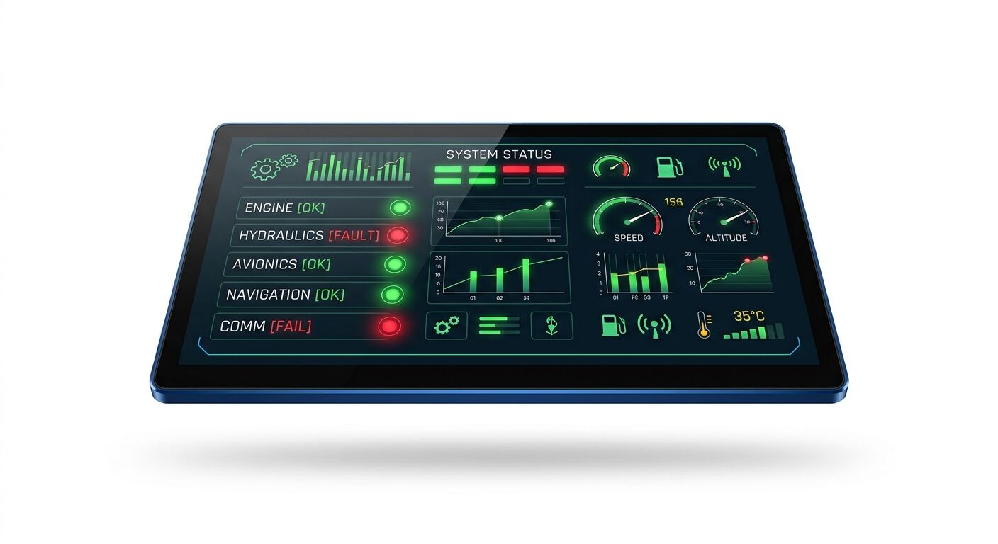 Schwebendes Tablet zeigt technisches Dashboard mit Graphen, Uhren und Statusmeldungen (OK/FAULT/FAIL) auf Weiß