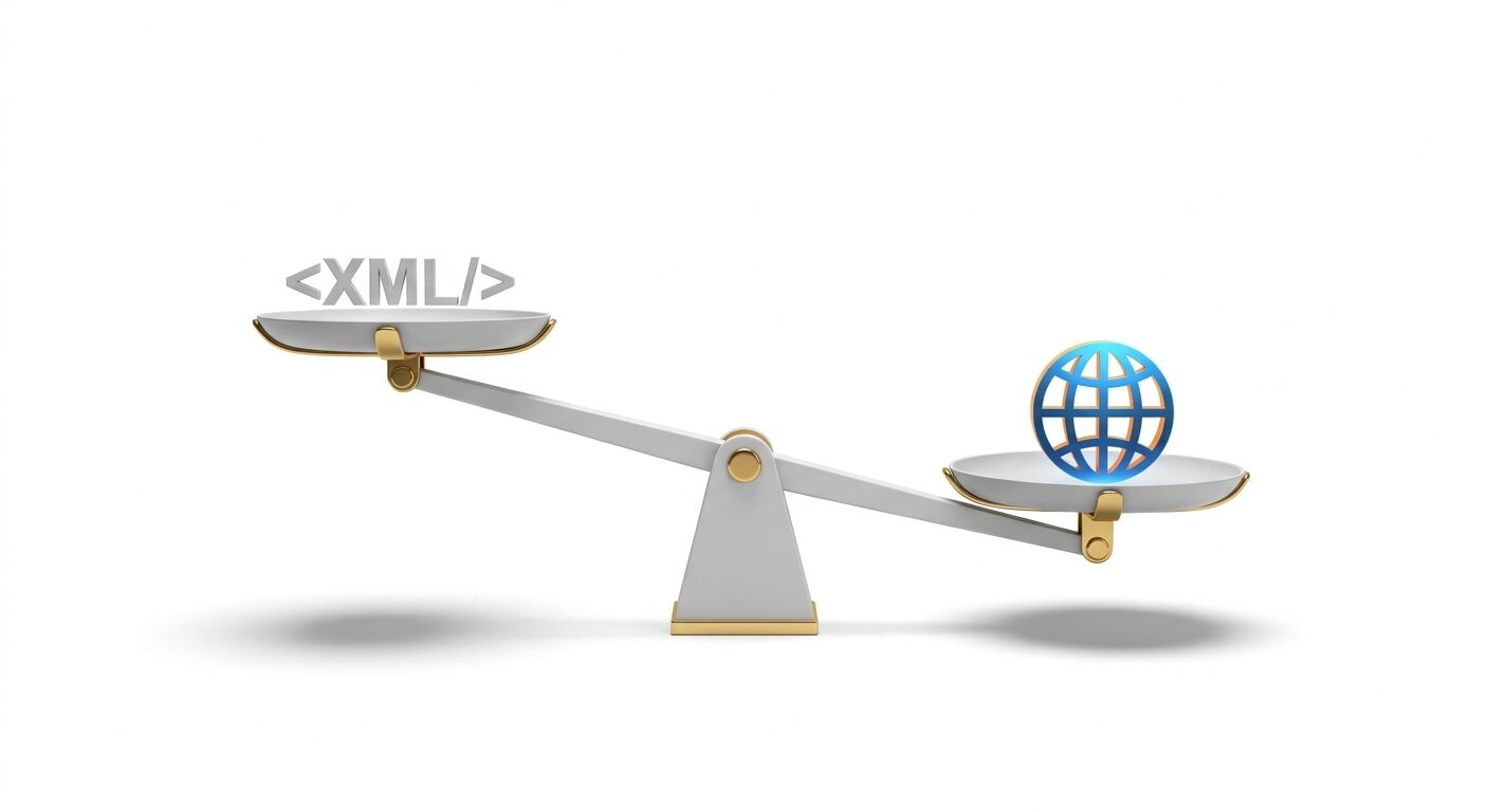 Waage mit <XML/>-Tag links und blauem Weltkugel-Symbol rechts, die nach rechts kippt