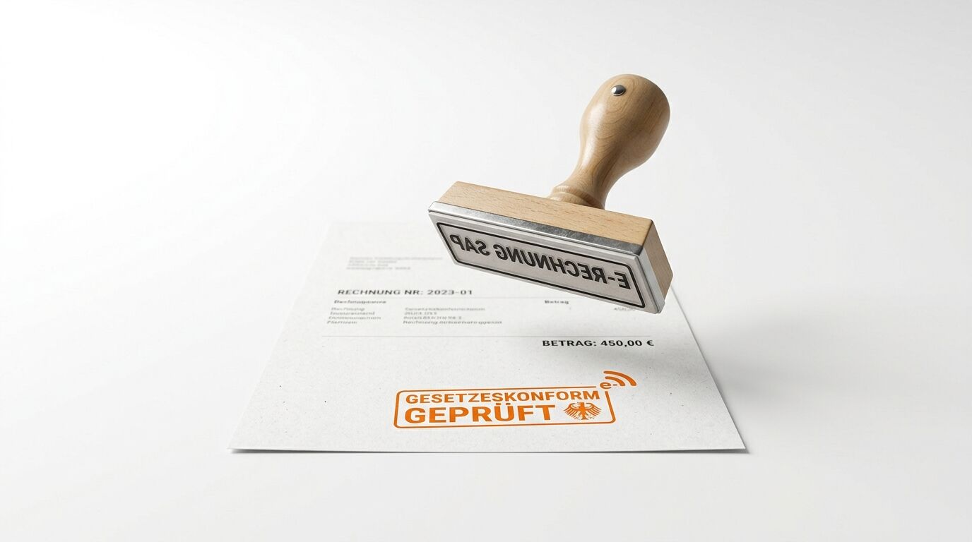Ein Holzstempel schwebt über einer Rechnung mit dem Aufdruck