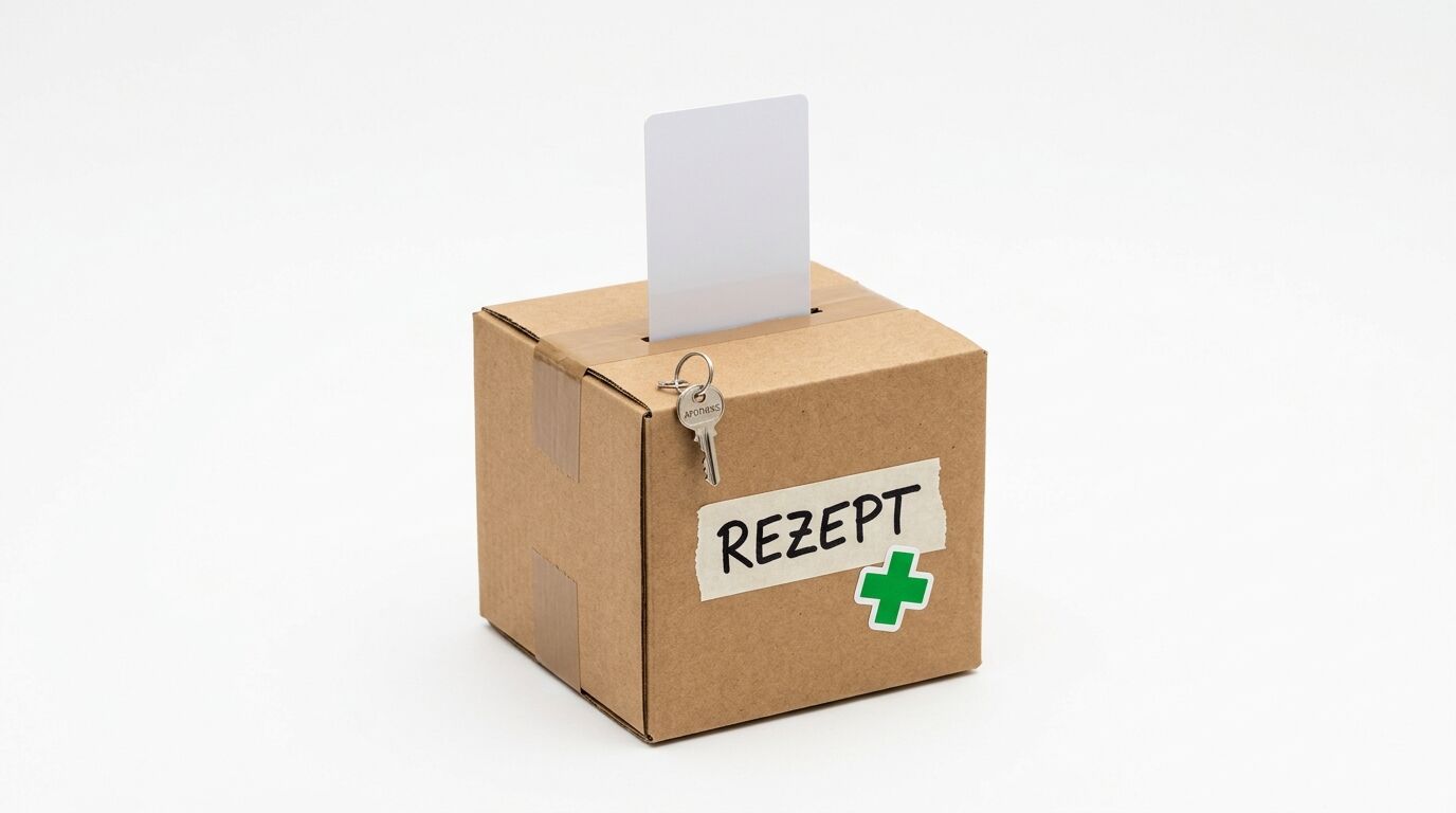 Ein Karton mit Schlüssel, Karte und Aufschrift „REZEPT“ sowie grünem Kreuz auf Weiß