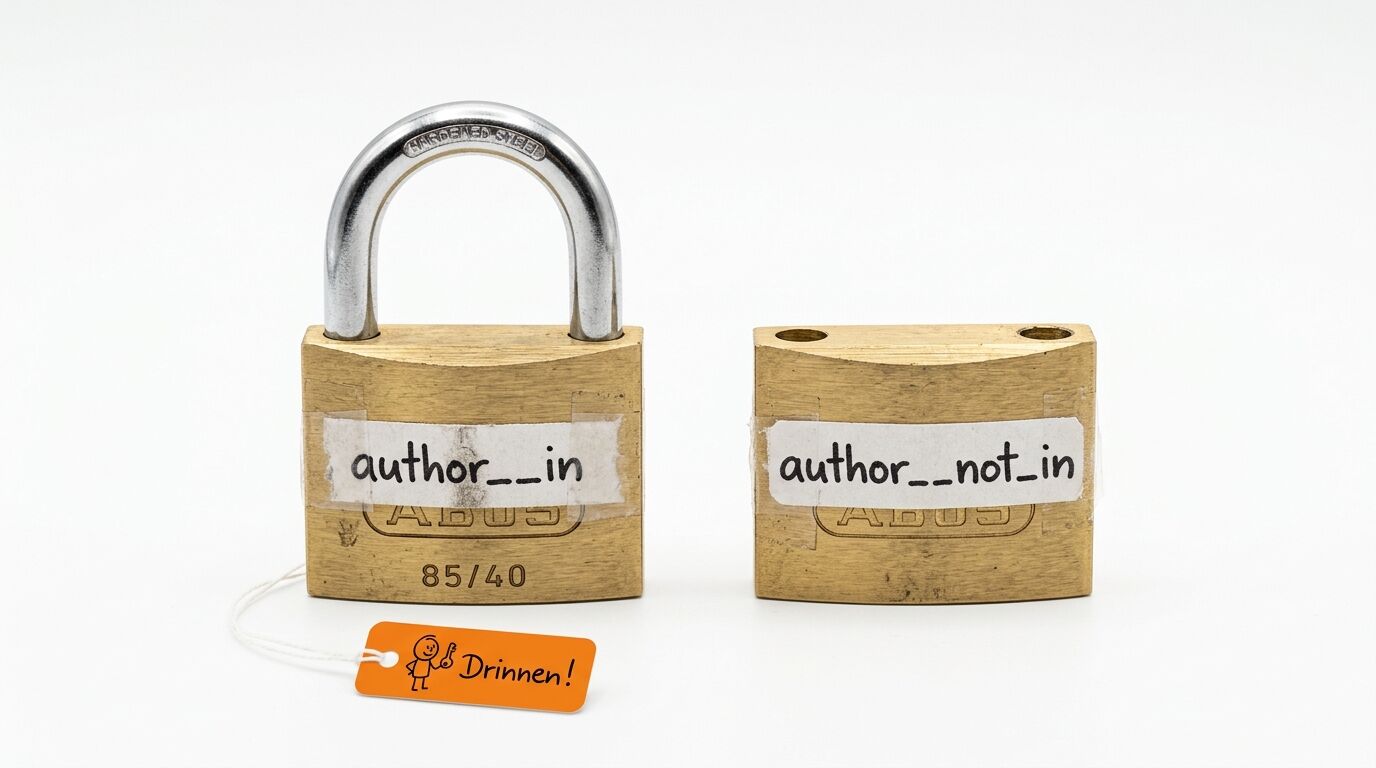 Zwei ABUS 85/40 Vorhängeschlösser nebeneinander, eines mit Bügel und „author__in“-Label, das andere ohne Bügel und mit „author__not_in“-Label, sowie einem orangefarbenen Anhänger „Drinnen!“