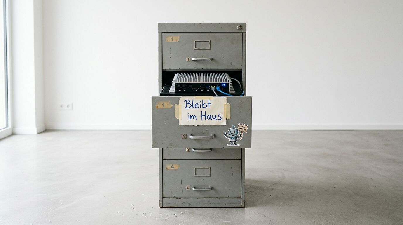 Server in Metallschrank mit Aufschrift „Bleibt im Haus“ in leerem Raum