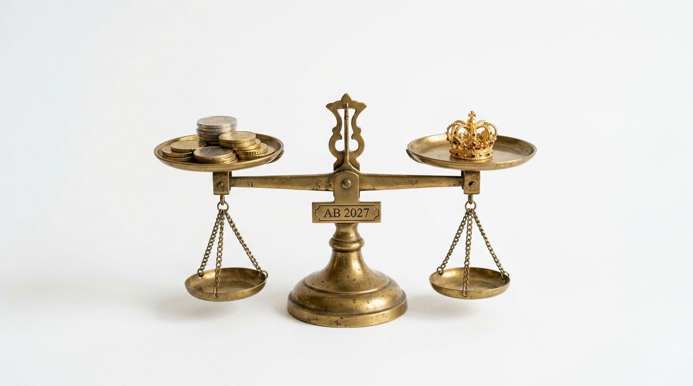 Waage mit Geld links und Krone rechts, im Gleichgewicht, Text: „AB 2027“ (91 Zeichen)