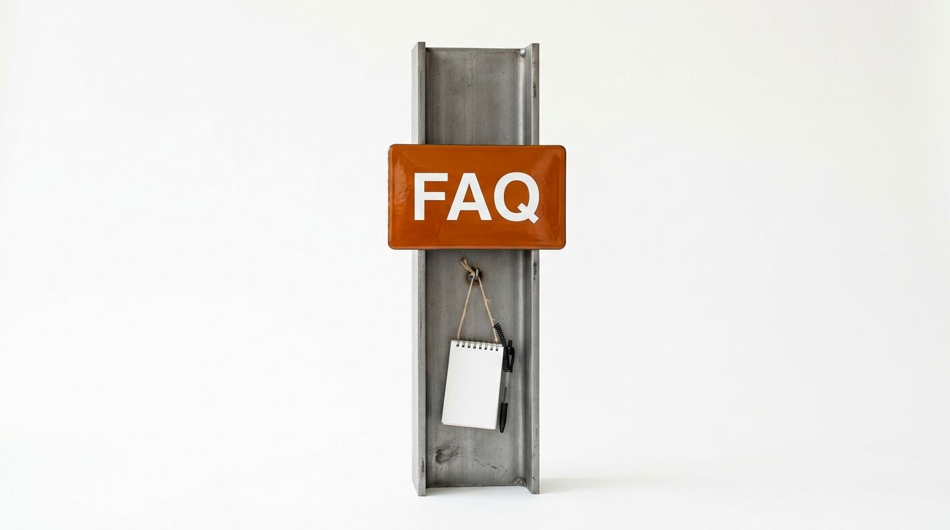 Stahlträger mit FAQ-Schild und hängendem Notizblock auf weißem Hintergrund