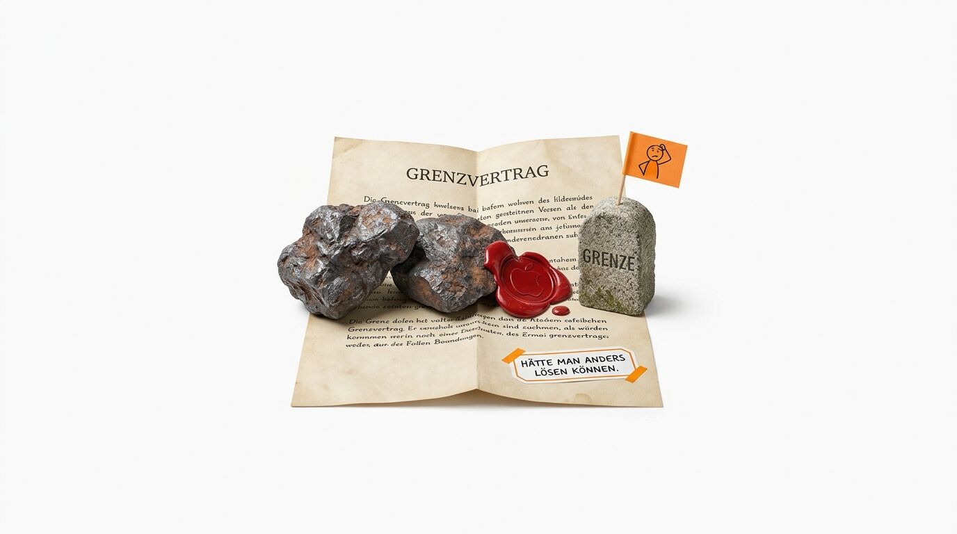 Arrangement aus einem „Grenzvertrag“, Steinen, Siegel und beschriftetem Zettel auf Weiß