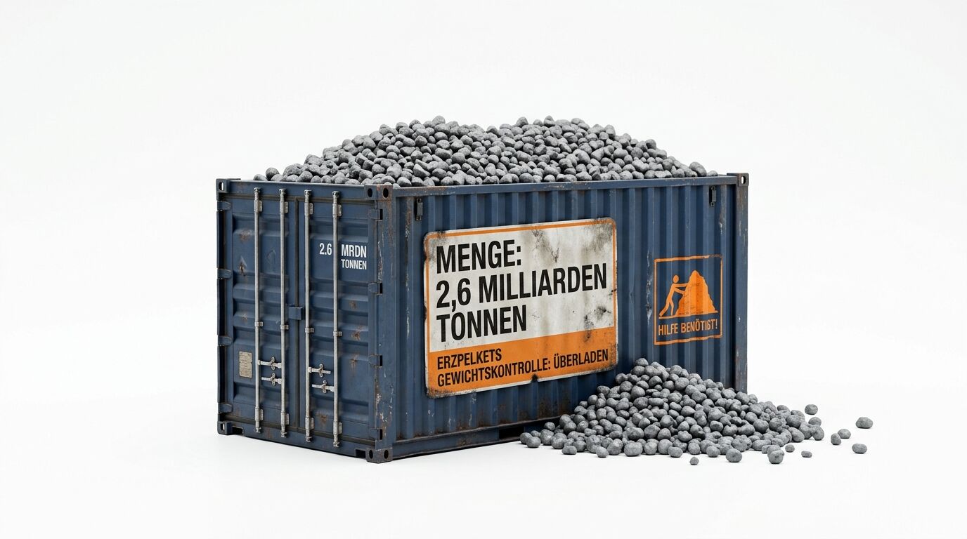 Ein blauer Container voller Erzpellets mit einem Schild: Menge: 2,6 Milliarden Tonnen