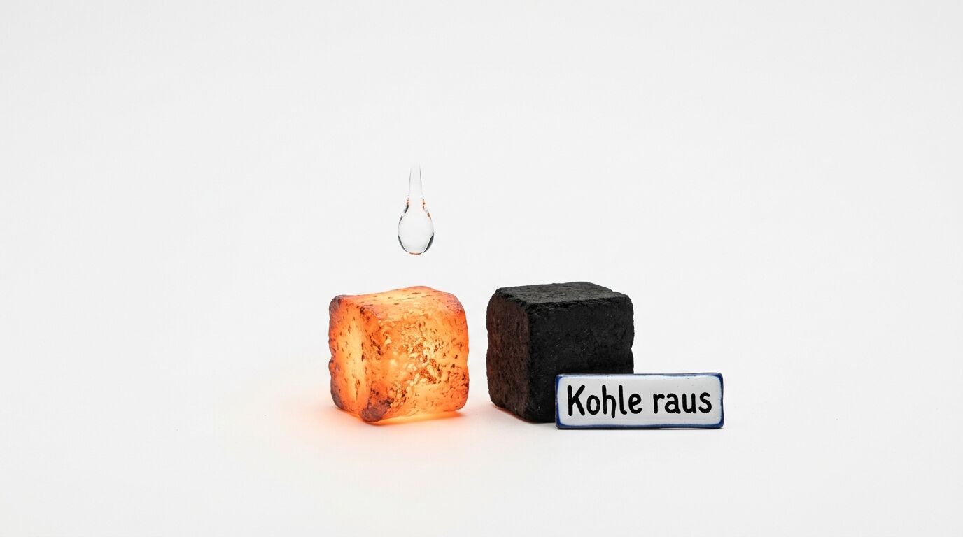 Glühender Kohlewürfel, Wassertropfen, normaler Kohlewürfel und Schild