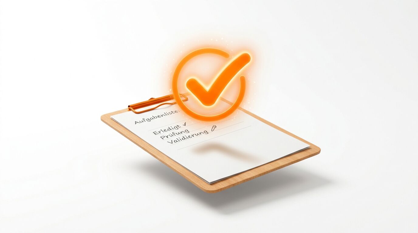 Holzklemmbrett mit deutscher Aufgabenliste, darüber schwebt ein leuchtend orangefarbener Haken