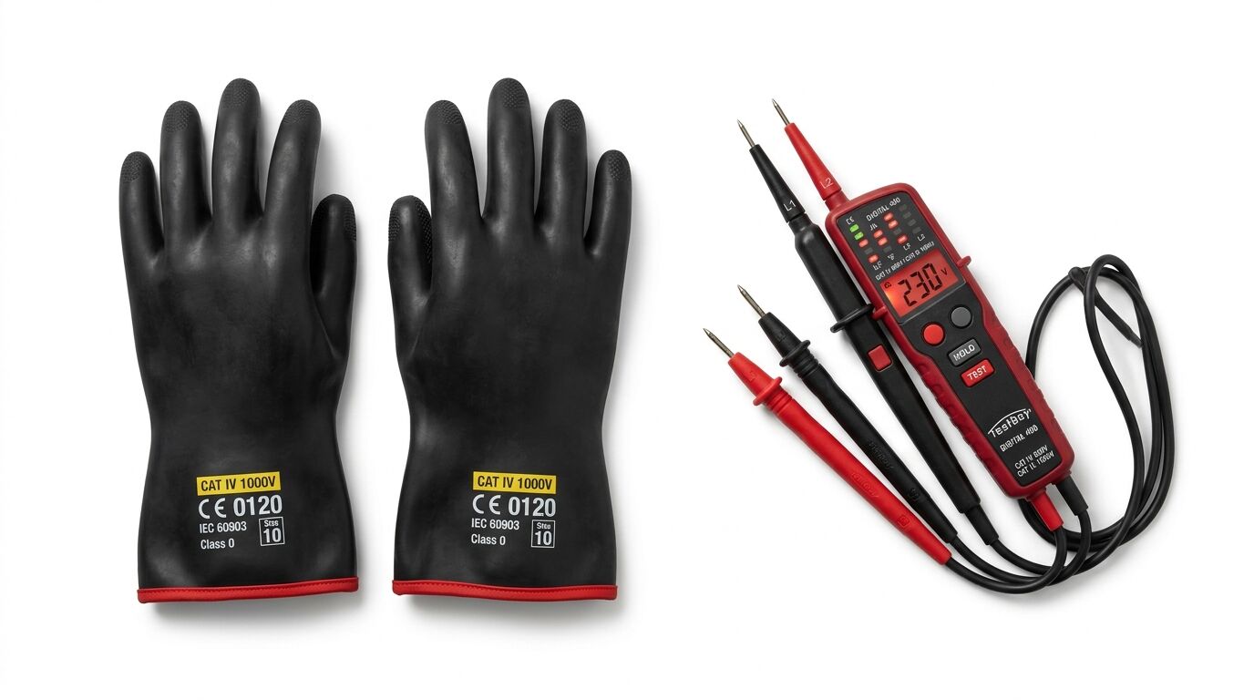 Paar schwarze Isolierhandschuhe und ein zweipoliger Spannungsprüfer auf weißem Grund