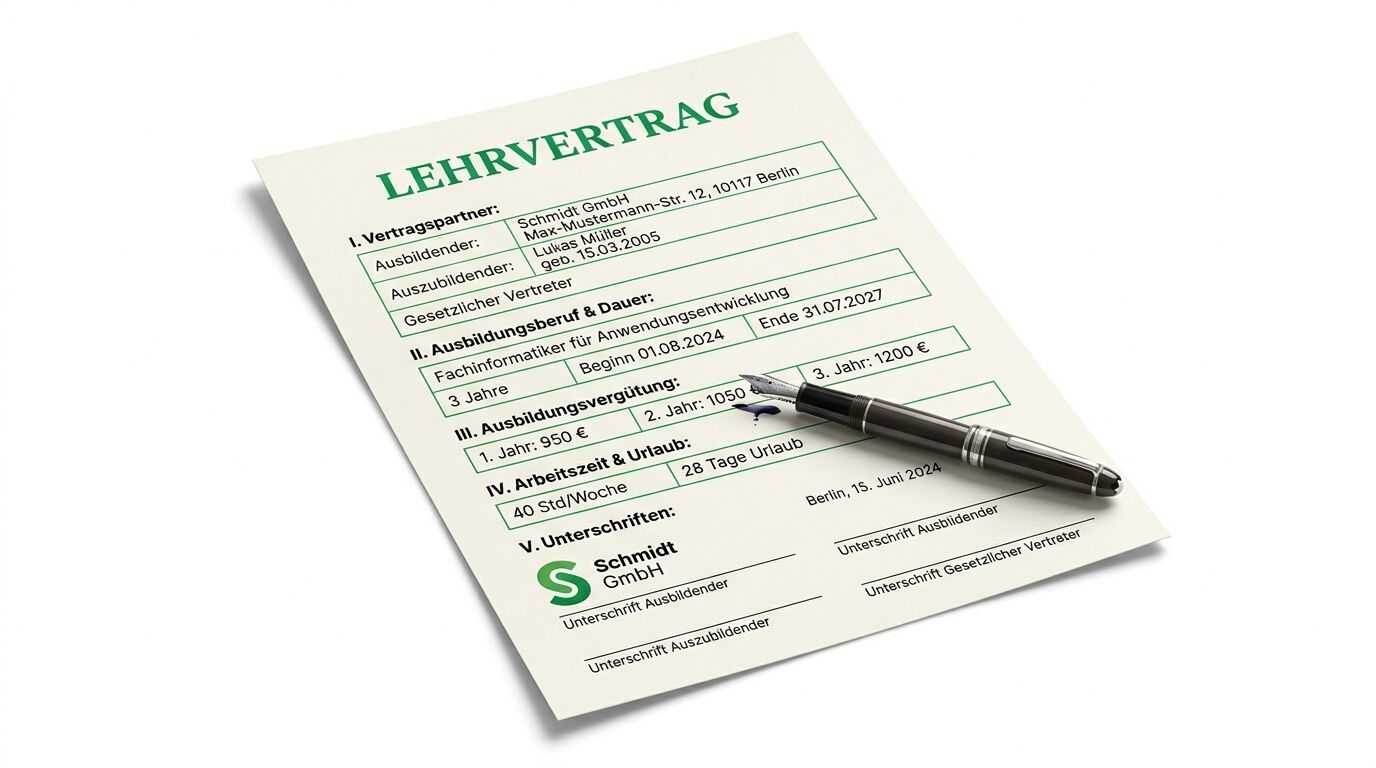 Deutscher Lehrvertrag mit Stift und Tintenfleck