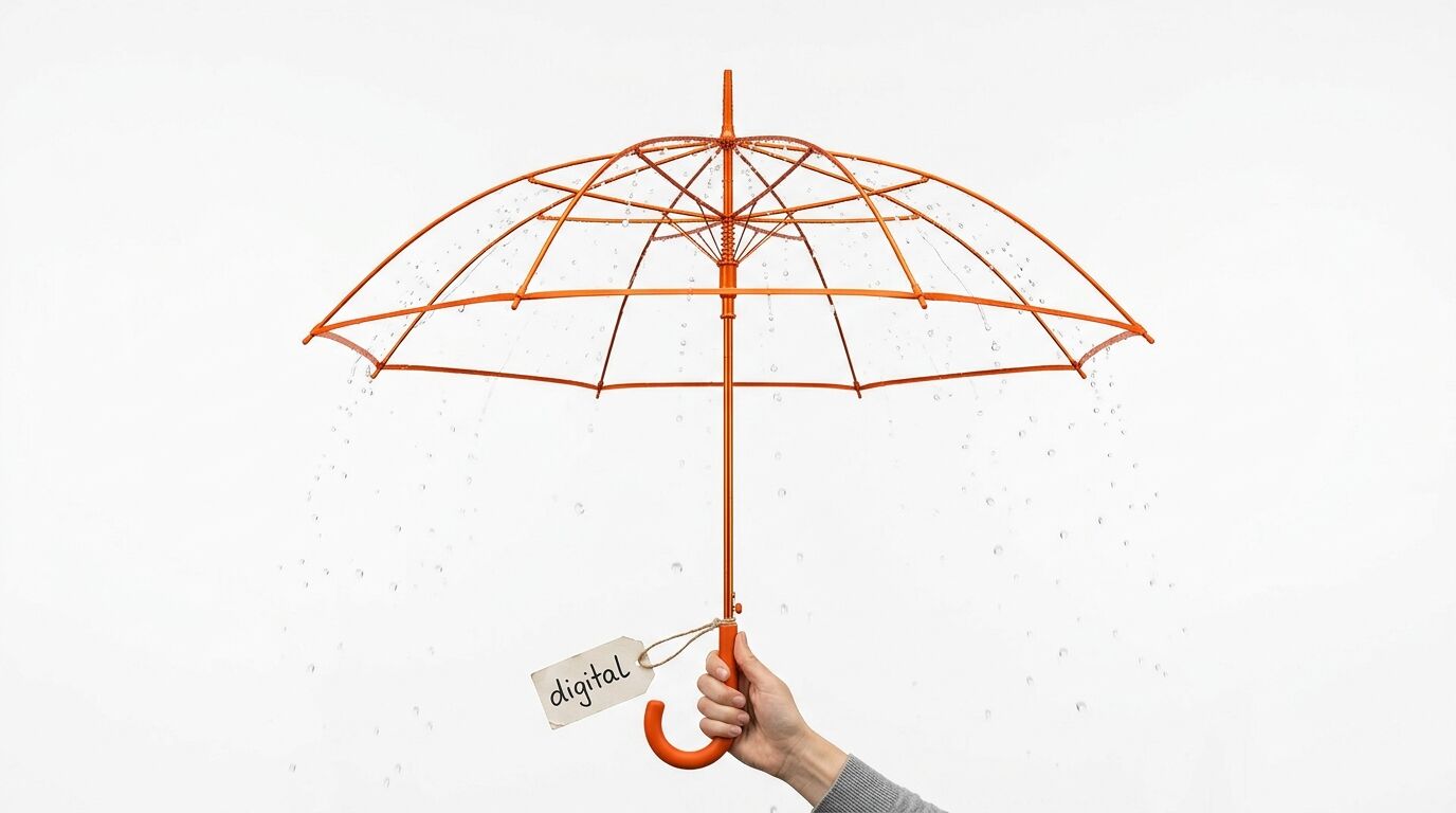 Hand hält orangen Regenschirm im Regen mit Etikett „digital“ vor weißem Hintergrund