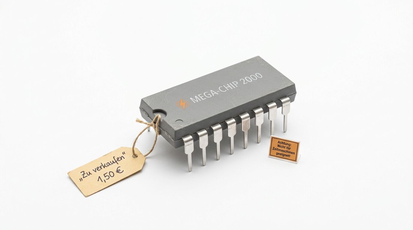 Ein grauer Mikrochip mit Preisschild, Blitz-Symbol und kleinem Warnschild auf weißem Hintergrund