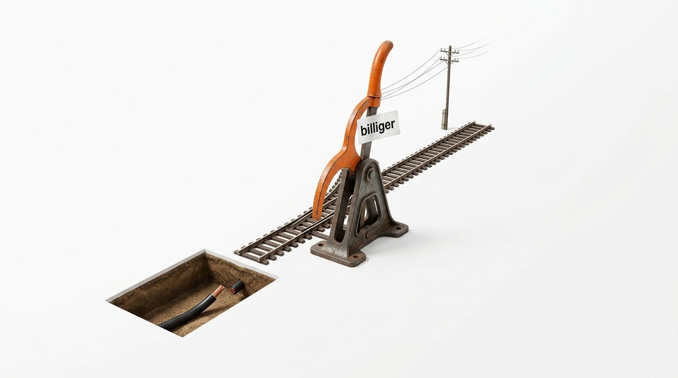 Bahnmodell und Grube mit Kabel, dazwischen ein Hebel mit dem Schild 