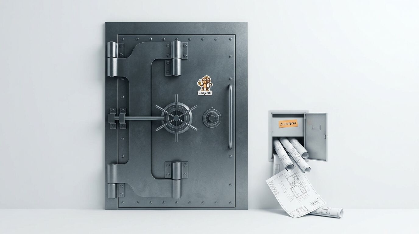 Geschlossener Tresor mit Affensticker neben offenem Zulieferer-Einwurf voller Pläne