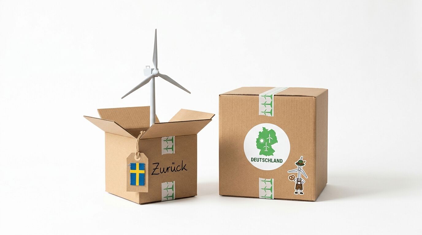 Zwei Pakete auf weißem Grund. Ein offenes Paket enthält ein Windrad-Modell und trägt das Label „Zurück“ mit einer Schweden-Fahne. Das zweite, geschlossene Paket zeigt eine Deutschland-Karte und ein bayrisches Maskottchen. Beide Pakete sind mit Klebeband verschlossen, auf dem ein Windrad-Symbol abgebildet ist