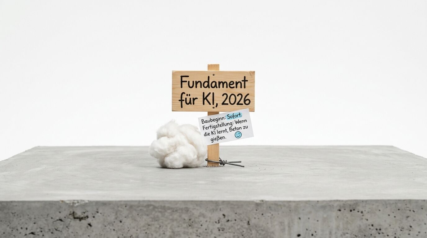 Ein Schild „Fundament für KI, 2026“, Watte, Beton und Draht auf grauem Untergrund