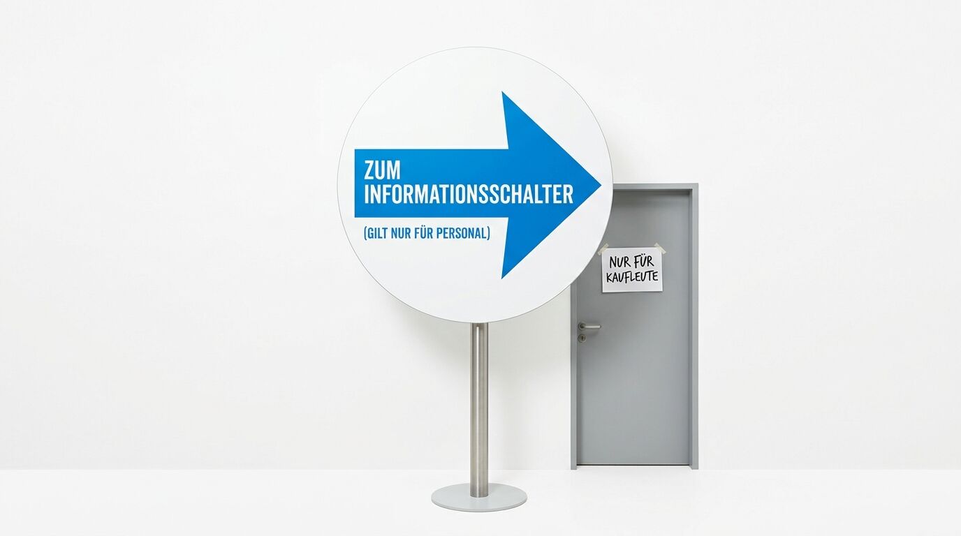 Hinweisschild „Zum Informationsschalter“ und Tür vor weißem Hintergrund
