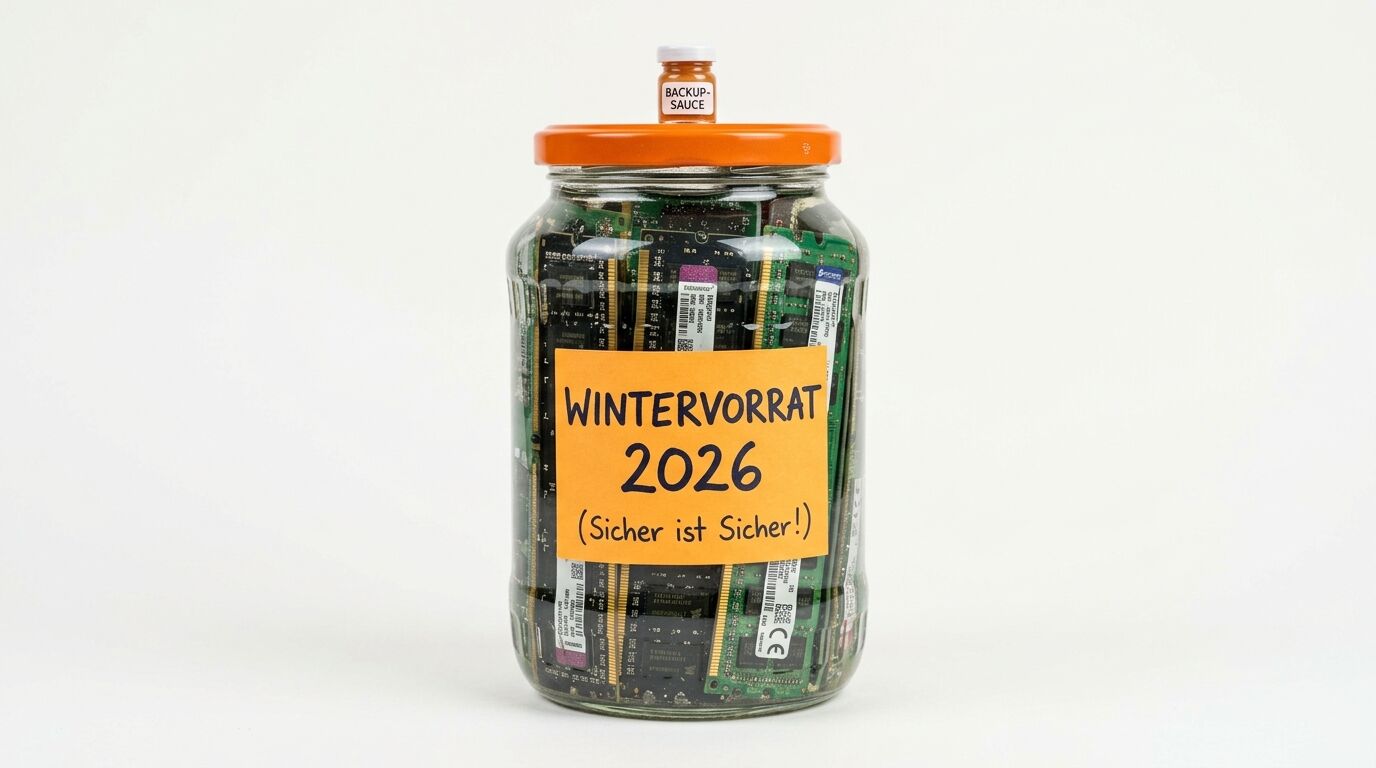 Ein Einmachglas, gefüllt mit Computer-Speichermodulen, beschriftet mit „Wintervorrat 2026“