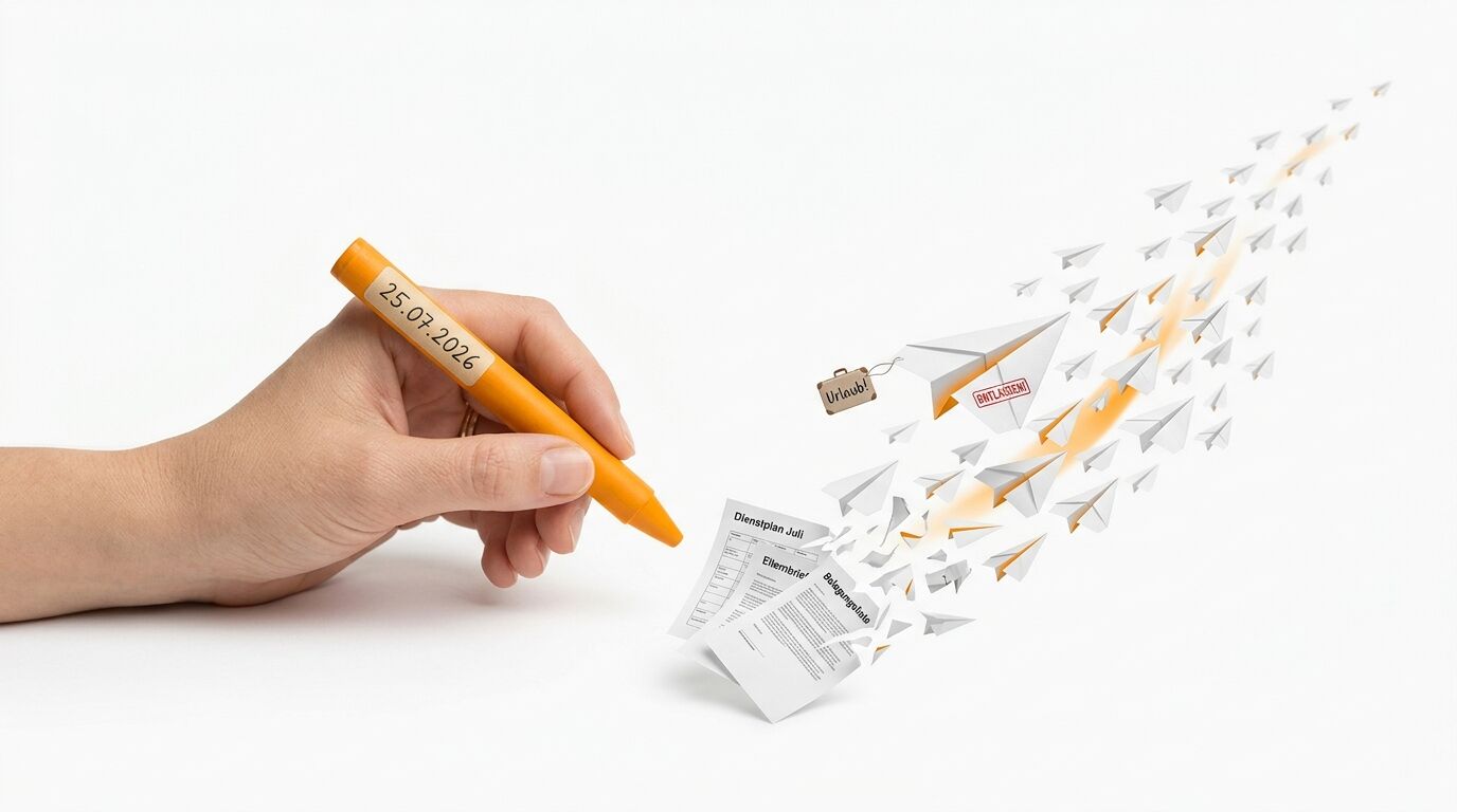 Hand mit Stift (Datum), Papierfliegerschwarm mit Koffer und Dokumenten vor weißem Hintergrund