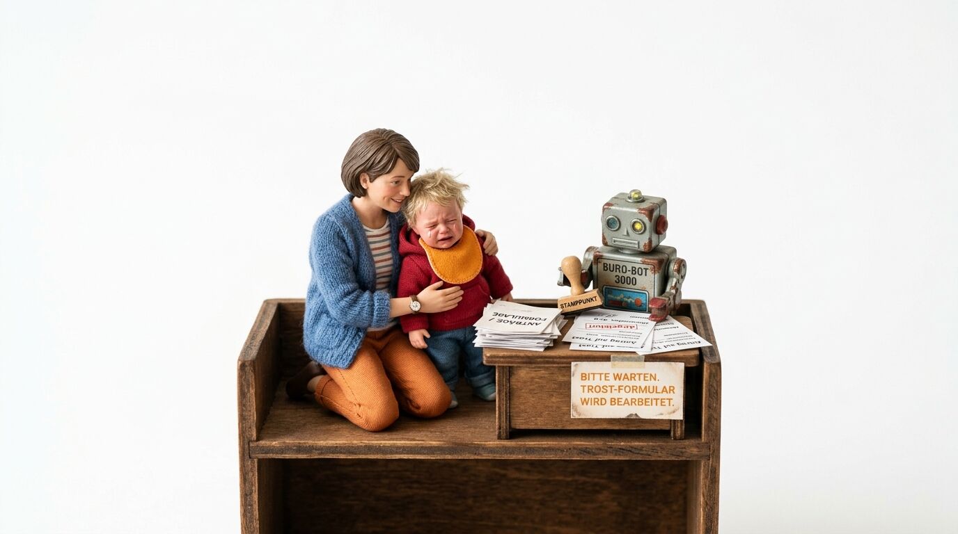 Mutter, weinendes Kind und Blechroboter sitzen auf Miniaturregal mit Bürokram vor weißem Hintergrund