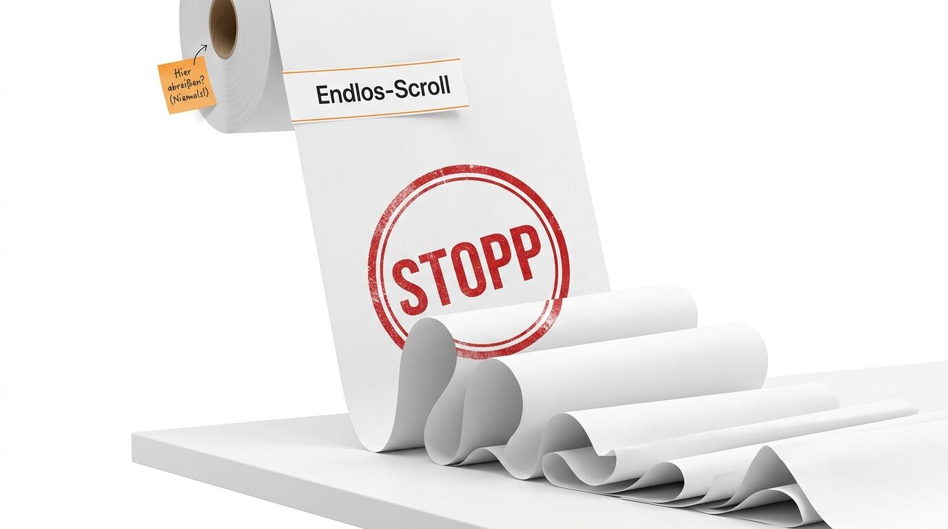 Eine weiße Papierrolle, die über eine weiße Fläche mit einem roten „STOPP“-Stempel rollt