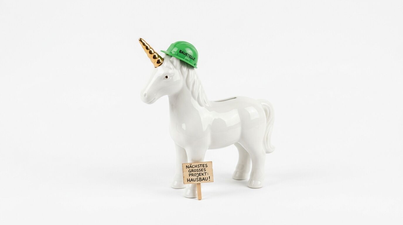 Keramik-Einhorn mit Bauhelm und Schild vor weißem Hintergrund