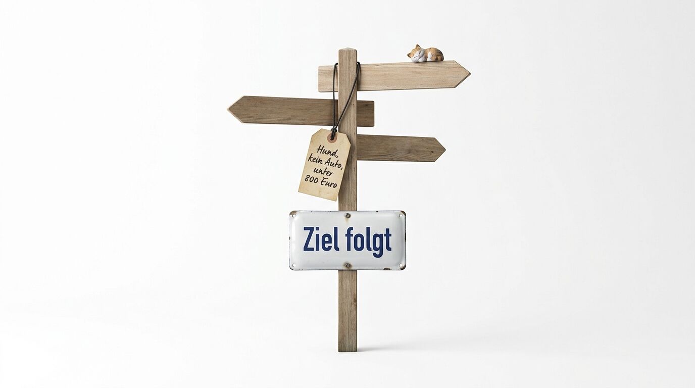Wegweiser mit Katzenfigur, Preisschild und Schild