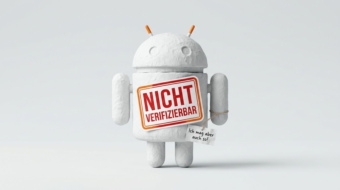 Papp-Android-Figur mit „NICHT VERIFIZIERBAR“-Aufkleber und Notiz: „Ich mag aber auch so!“