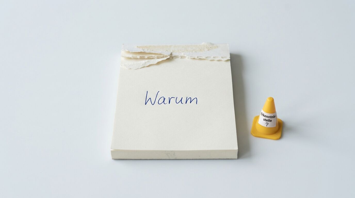 Ein Notizblock mit dem Wort „Warum“ und ein Pylon mit der Aufschrift „Erkenntnisstelle“