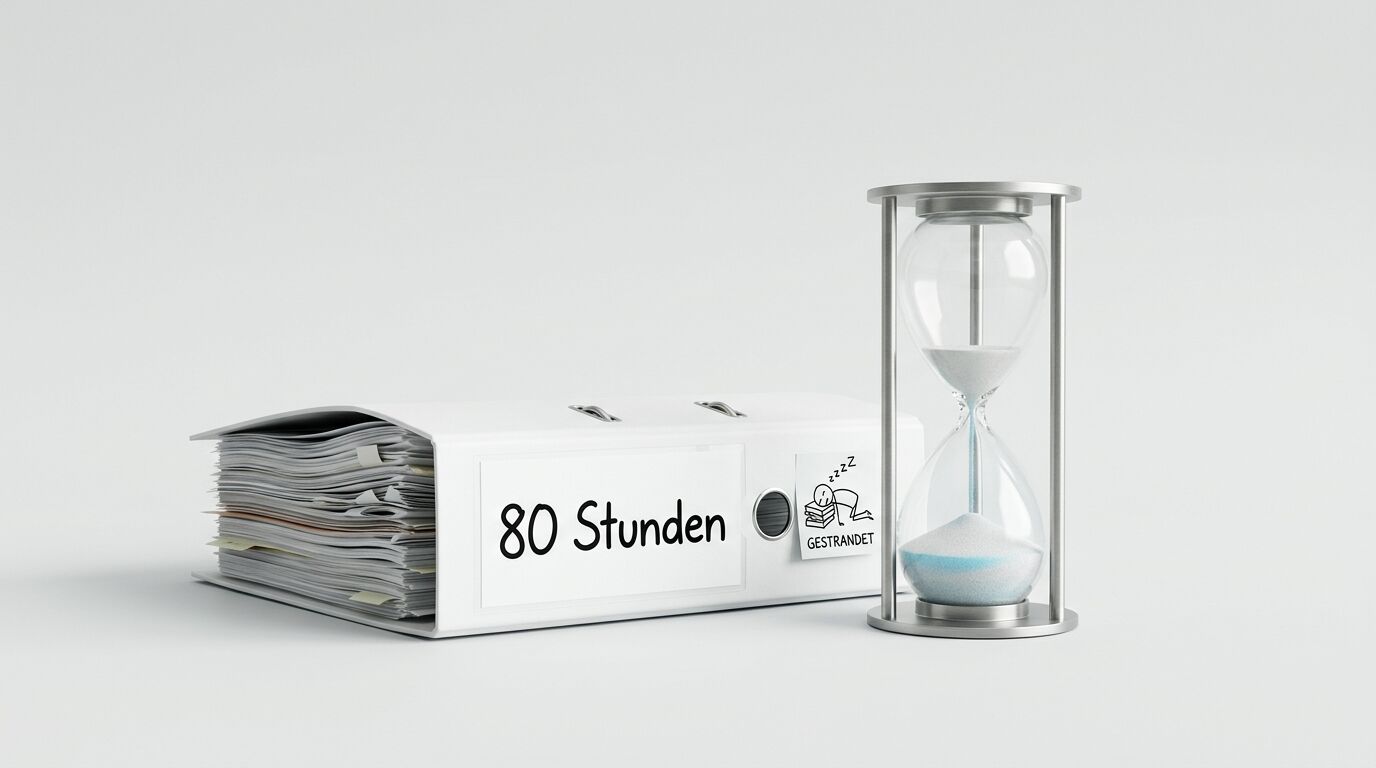 Ein Ordner mit der Aufschrift „80 Stunden“ und eine Sanduhr stehen auf hellem Hintergrund