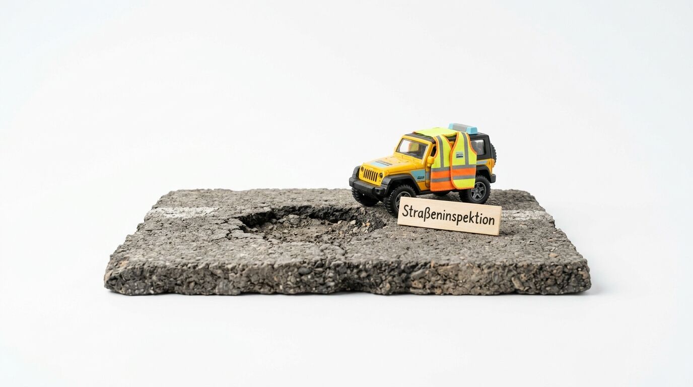 Miniatur-Jeep mit Warnweste und Schild „Straßeninspektion“ vor einem Schlagloch