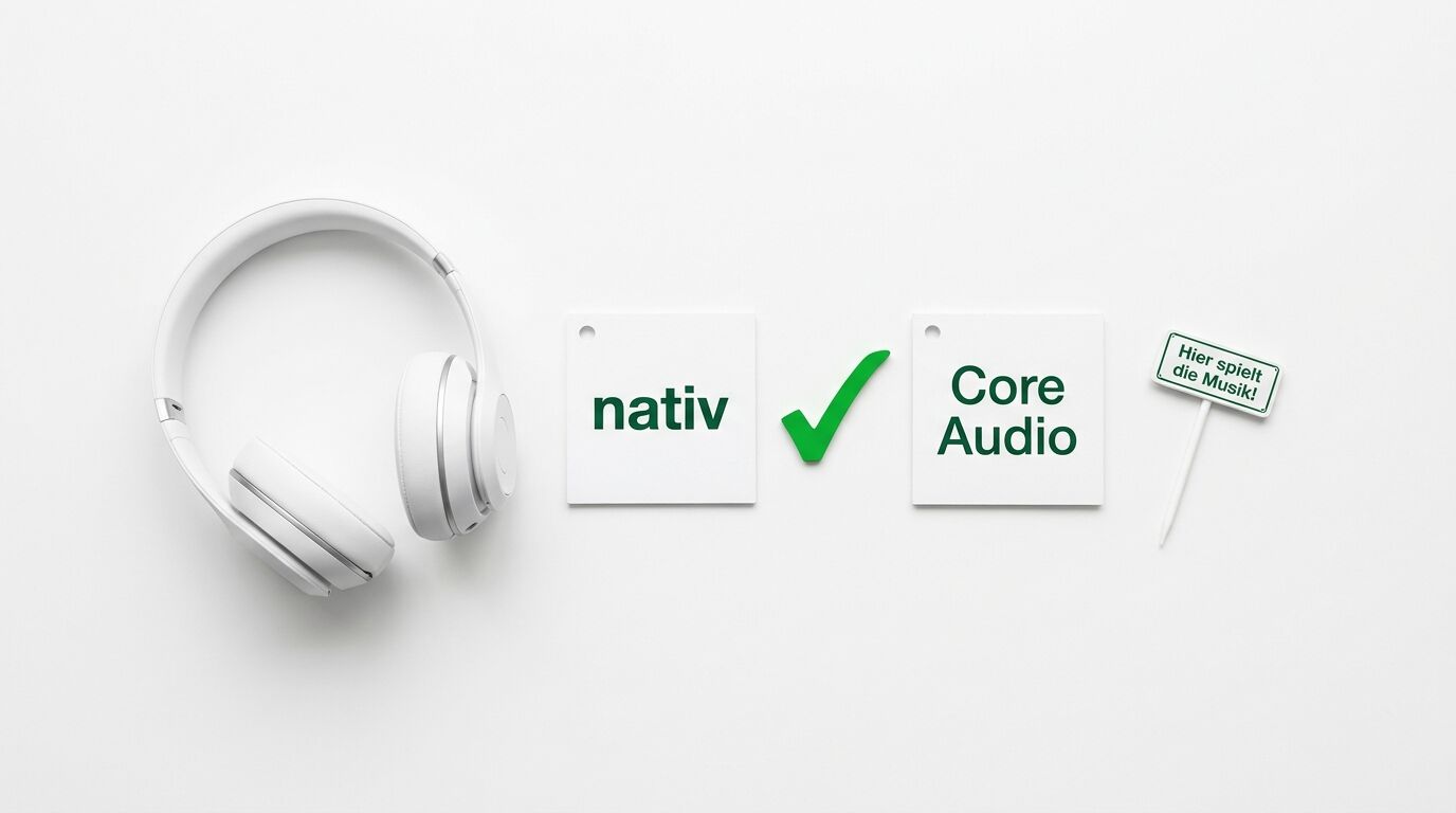 Kopfhörer neben Textkärtchen mit „nativ“, Häkchen und „Core Audio“ sowie einem kleinen Schild