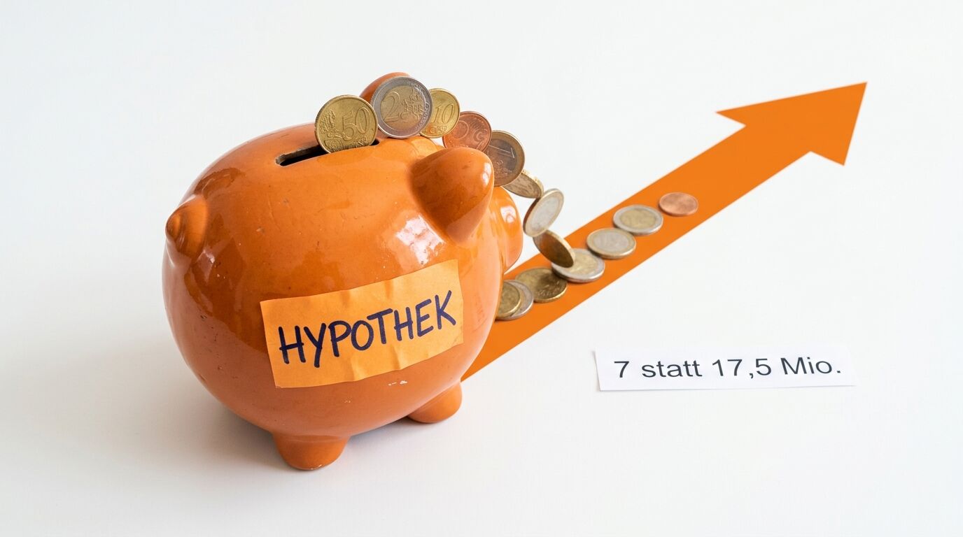 Oranges Sparschwein mit der Aufschrift „Hypothek“, Euro-Münzen und ein ansteigender Pfeil