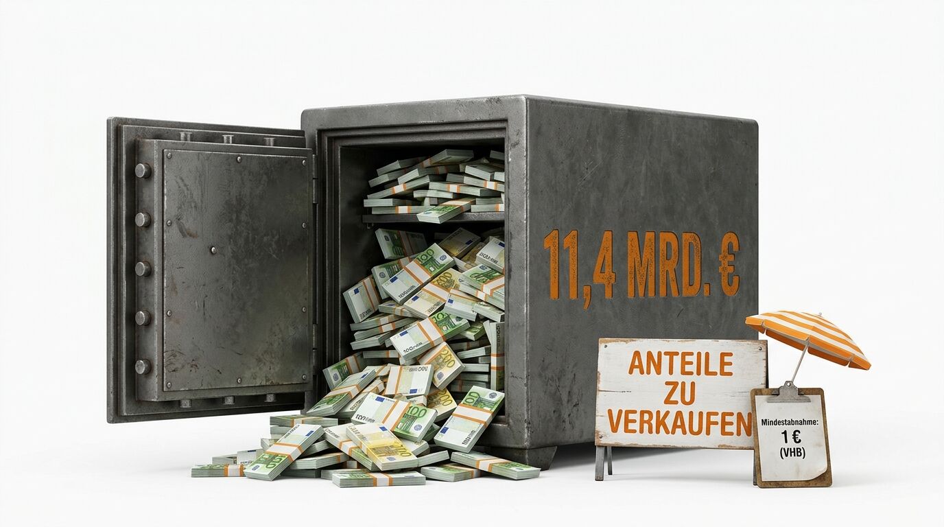Ein offener Safe mit viel Geld, daneben steht ein Schild, auf dem steht: 