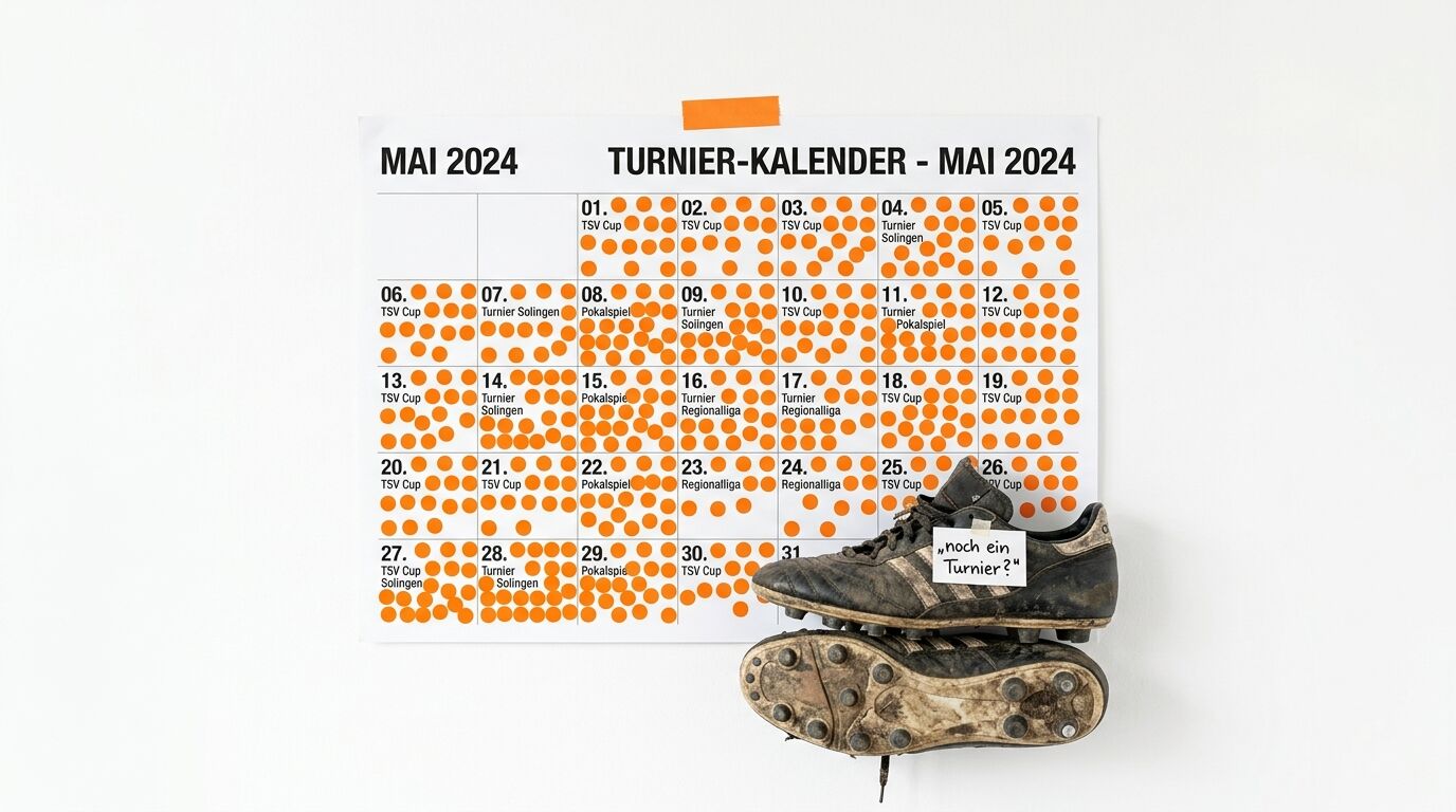 Dreckige Fußballschuhe neben einem Turnier-Kalender für Mai 2024 mit vielen orangefarbenen Klebepunkten