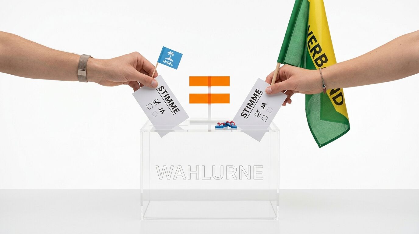 Zwei Hände werfen Stimmzettel für eine Inselwahl in eine transparente Urne