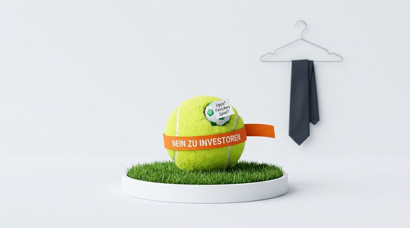 Tennisball auf Rasen mit Protestband, kleinem Fußball und Kleiderbügel im Hintergrund