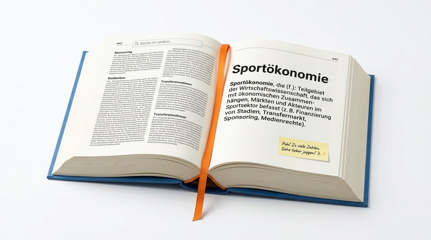 Geöffnetes Buch mit dem Eintrag „Sportökonomie“ und einem orangefarbenen Leseband