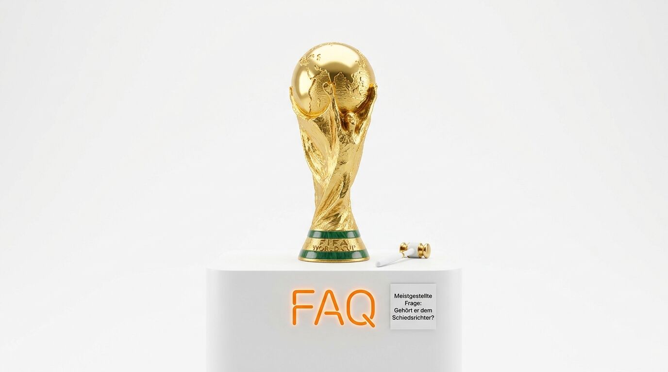 FIFA-Weltpokal auf Sockel mit Aufschrift FAQ und Textzettel zu Schiedsrichtern