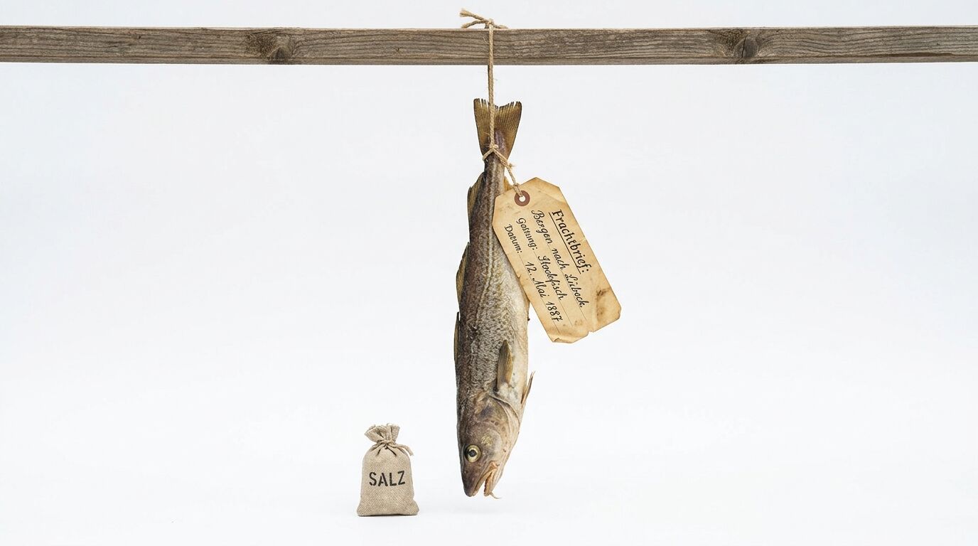 Ein Stockfisch mit Etikett hängt an einer Schnur, daneben ein Sack Salz, vor weißem Grund