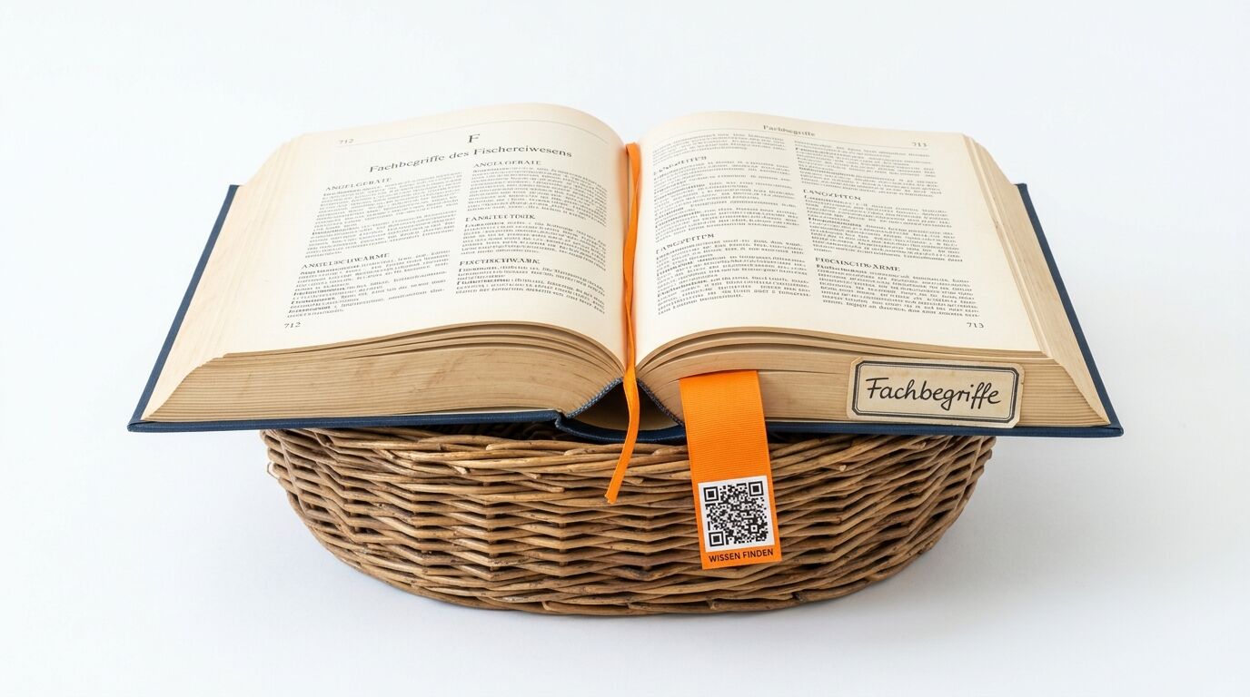 Aufgeschlagenes Fachbuch mit Lesezeichen und QR-Code in Weidenkorb vor weißem Grund