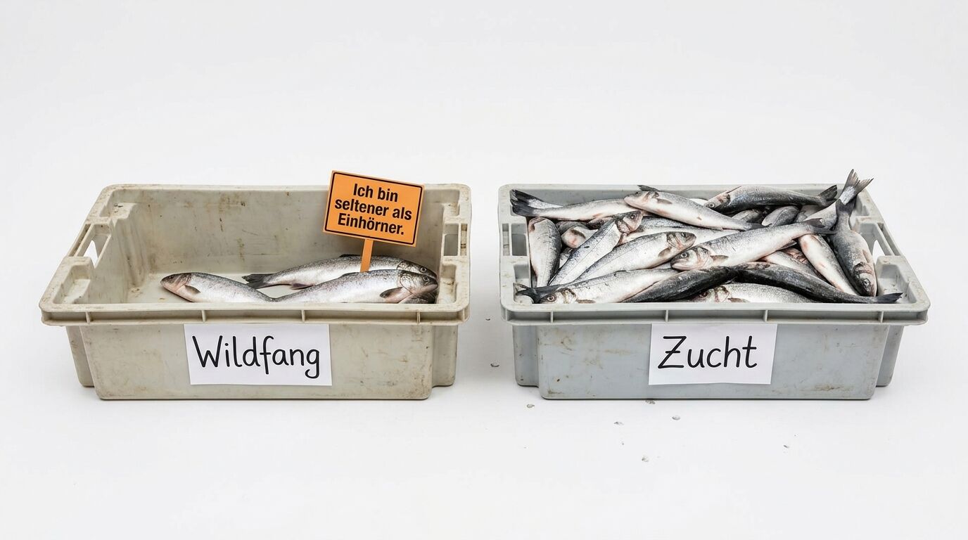 Vergleich: Kiste mit wenig Wildfang-Fisch und voller Kiste Zucht-Fisch