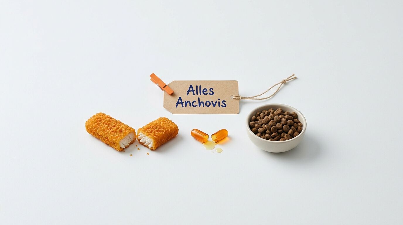 Panierter Fisch, Kapsel und Tierfutter mit dem Schild „Alles Anchovis“ auf weißem Grund