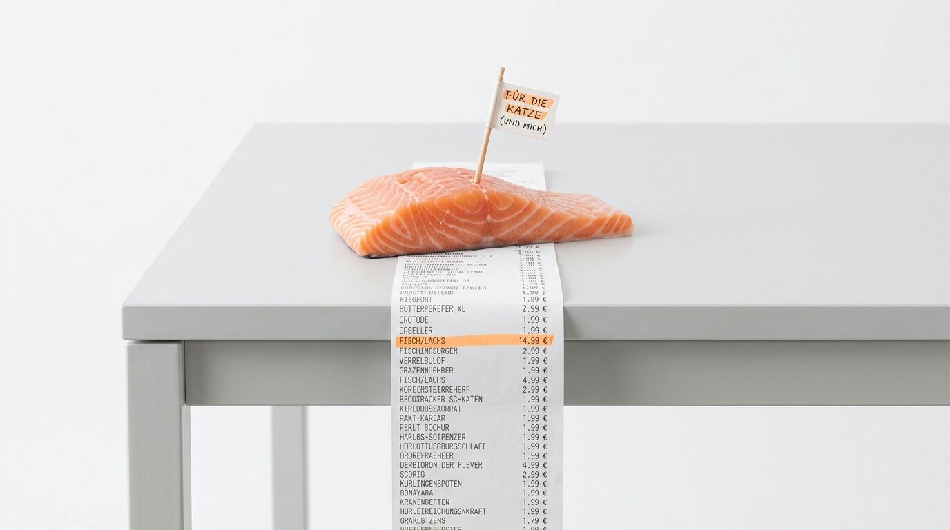 Lachs auf Kassenzettel mit handgeschriebenem Fähnchen auf hellem Tisch