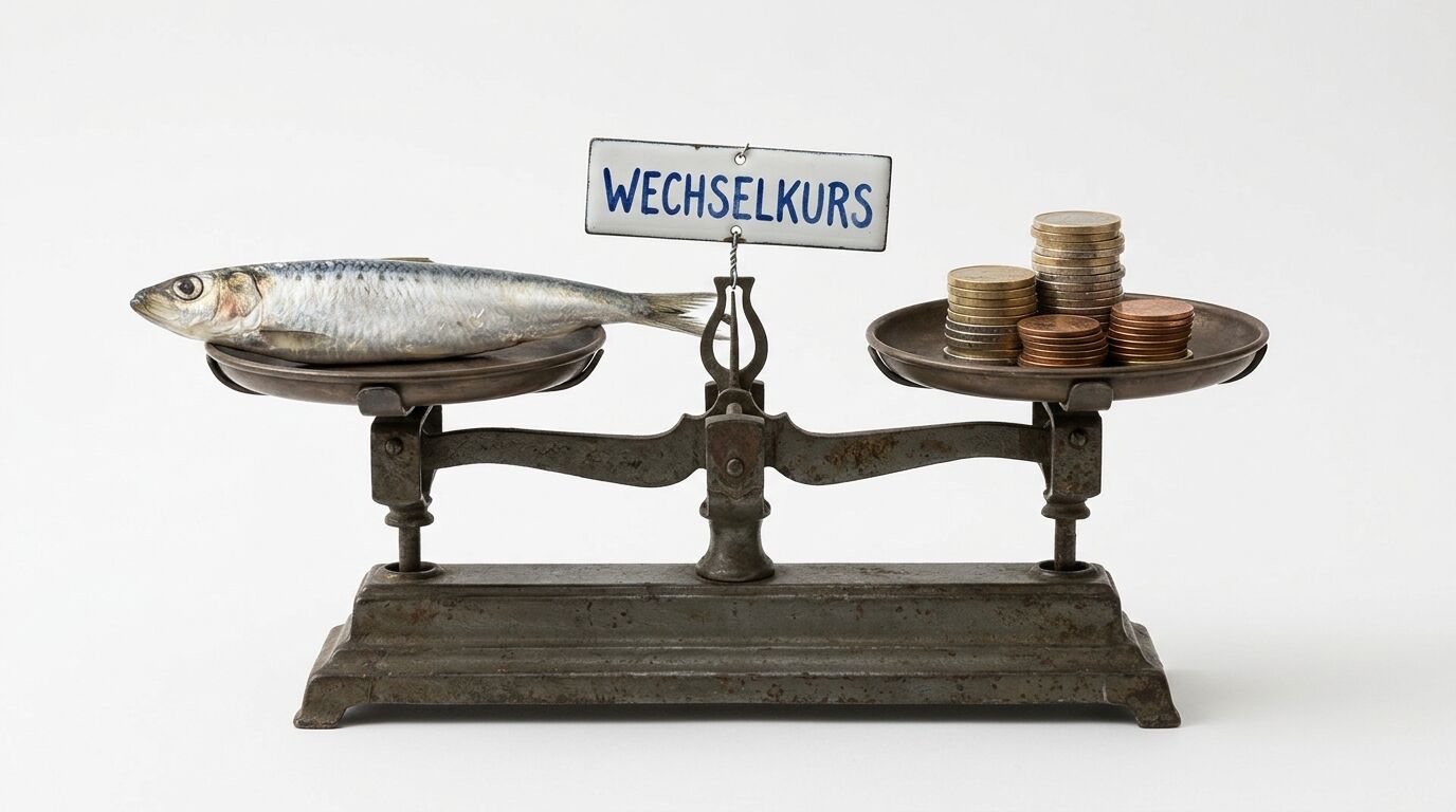 Waage mit Fisch, Geldmünzen und dem Wort