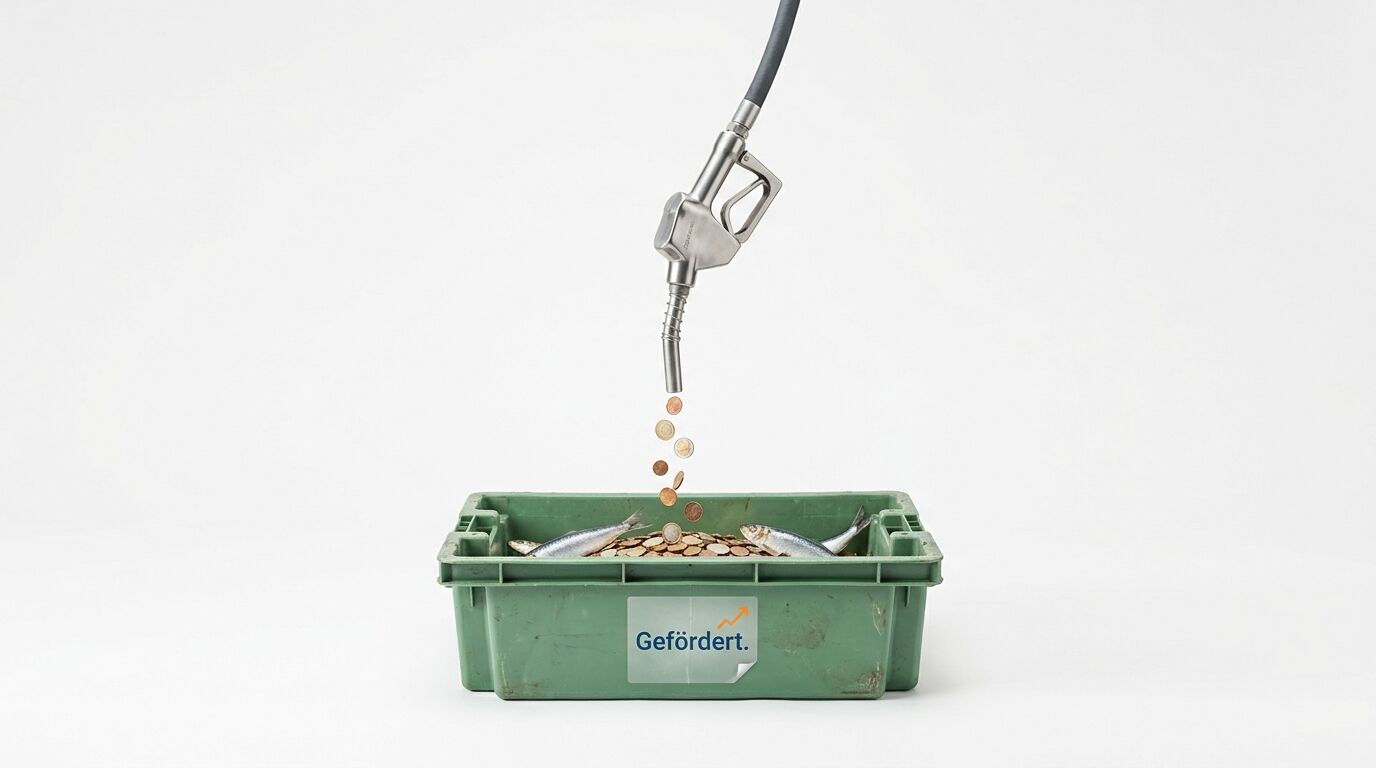 Zapfpistole füllt Geldmünzen in grüne Fischkiste mit zwei Fischen vor weißem Grund