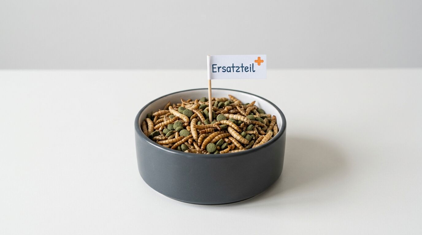 Futterschale mit Würmern und Pellets, darin ein Schild mit der Aufschrift „Ersatzteil+“