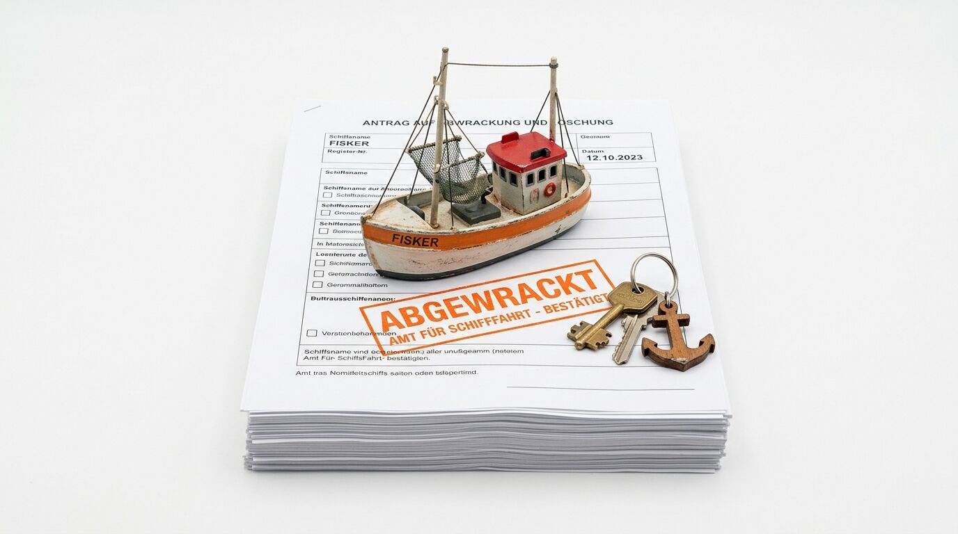 Modellschiff auf abgestempeltem Abwrack-Antrag mit Schlüsseln und Anker-Anhänger